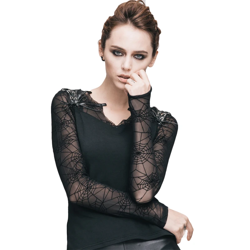 

Brand Steampunk Female Close Fitting Black Cobweb T Shirt Spring Autumn Gothic Patter Leather Mesh Women's Clothing Plus Size