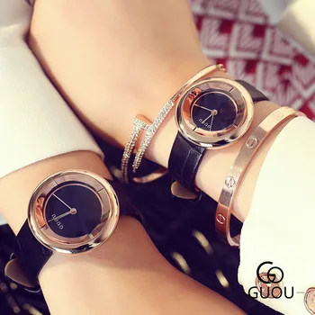 

Fashion Brand GUOU Women Dress Quartz Watch Women Leather Casual Leisure Elegant Female Women's Watch Gold Crystal reloje mujer