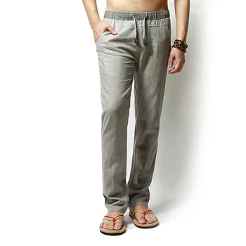 

2019 Men Pants Linen Drawstring Flax Pants Straight Full Length solid Linen Cotton Home Men's Trousers Fashion Pants Linen