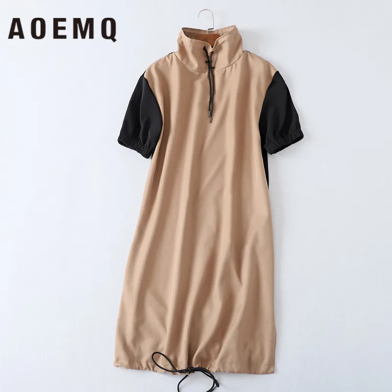 

AOEMQ Loose Slim High Collar Contrast Color Stitching Side Slit In The Long Drawstring Decorative Short-sleeved Dress