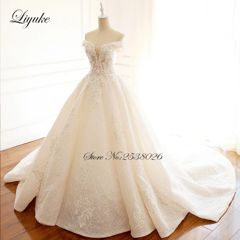 Блестящая Вышивка Тюль с бисером 3D Цветы А-силуэт Свадебные платья с открытыми плечами свадебное платье