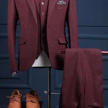 Осень Зима бордовый твидовый смокинг жениха итальянский стиль мужской костюм 3 шт. мужские свадебные вечерние Костюмы Блейзер masculino terno