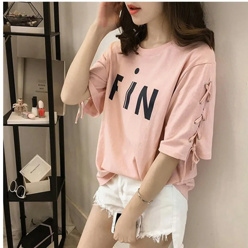 

T-shirt Women Plus size 5XL Summer Women Short-sleeved T-shirt Fashion Printing Casual tops Tees Tie-up Loose Basic T shirt C296