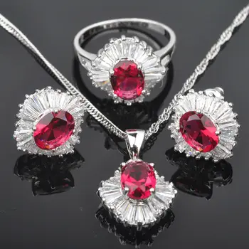 

High Quality Red Cubic Zircon Silver Plated Jewelry Sets For Women Earrings/Pendant/Necklace/Rings JS094