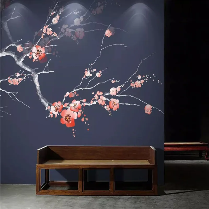 

Custom wallpaper red plum hand-painted flowers and birds background wall Chinese style plum mural high-grade waterproof material