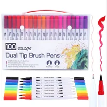 100 цветов, FineLiner, рисование акварелью, художественные маркеры, ручки с двойным наконечником, кисточка, школьные принадлежности