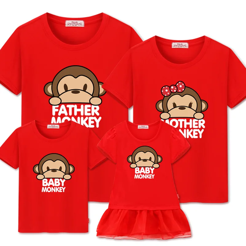 monkey red Одинаковые комплекты для семьи; лето г.; семейный образ; платья для мамы и дочки; одежда для мамы и меня; семейная Рождественская футболка с пандой - Цвет: monkey red
