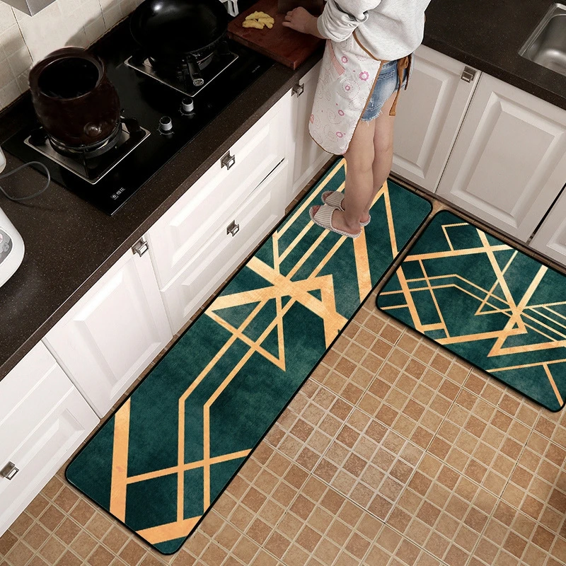 

Golden Geometric Striped Non-Slip Kitchen Floor Mat Foot Carpet Rugs Household Long Kitchen Fashion Dark Green Bathroom Tapete