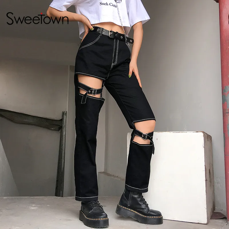 Sweetown Black Hollow Out Punk Style Straight Pants Women Streetwear Pockets Striped Summer Autumn High Waist Trousers Gothic