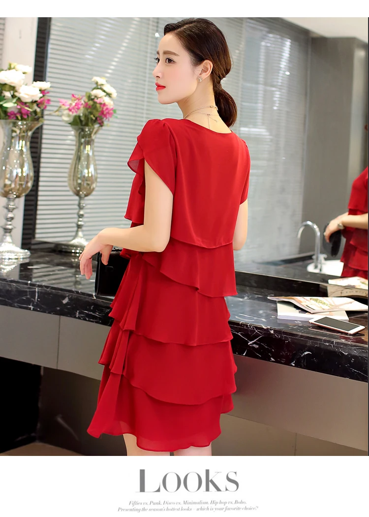 2020 New Women Plus Size 5XL Summer Dress Loose Chiffon Cascading Ruffle Red Dresses Causal Ladies Elegant Party Cocktail Short