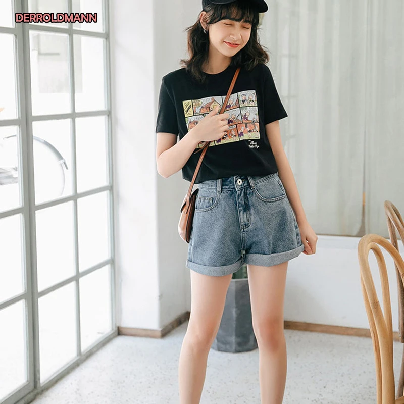 

Spring Summer Straight Short Pants Roll up cuff Korean Jeans with Pocket Button Zipper Fashion Denim Women