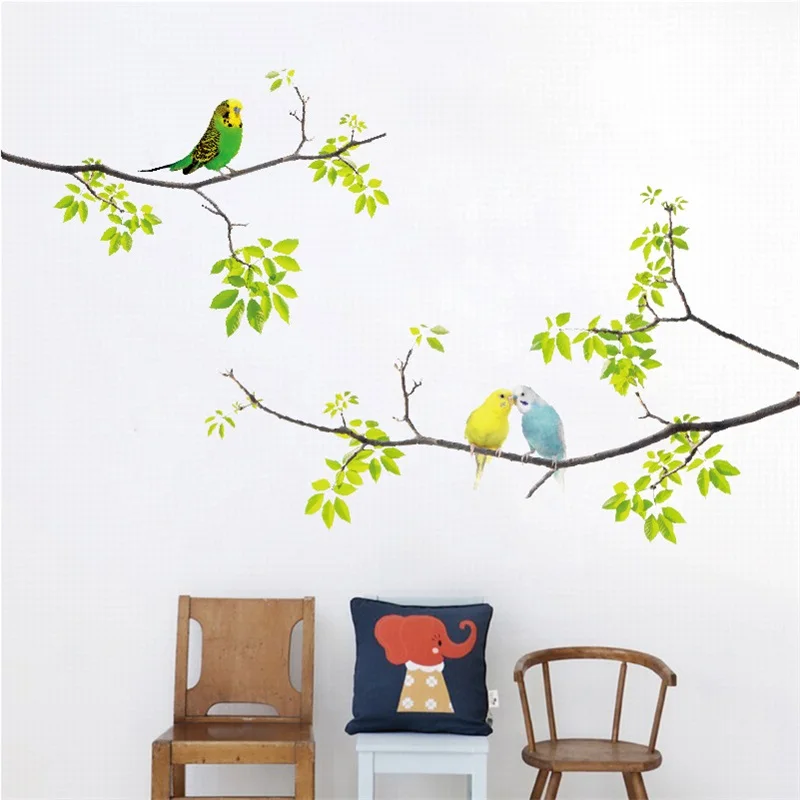 3D мультфильм попугай птица на зеленом ветка дерева Наклейка на стену наклейки задний фон из ПВХ Фреска для фона детская комната спальня детская домашний декор
