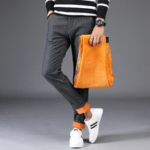 Мужские Slim Fit Повседневное Бизнес штаны в клетку из хлопка с флисовой подкладкой внутри теплая зима высокое качество Формальные Мотобрюки черный серый синий