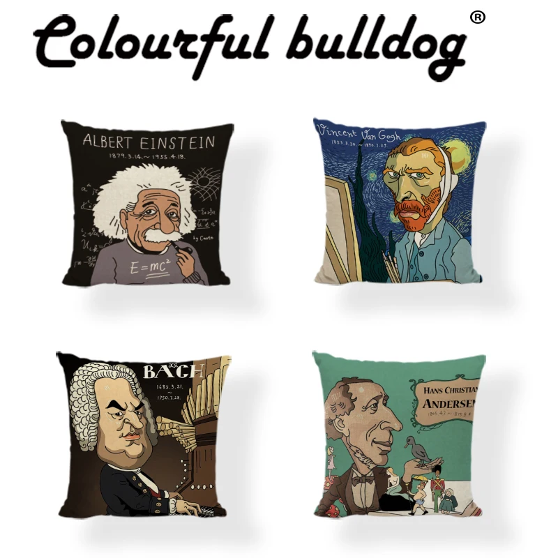 

Cushion Cover 43*43 cm Einstein Van Gogh Andersen And Other Artists Portrait Printing Cotton Linen Cinema Seat Decor Pillowcase