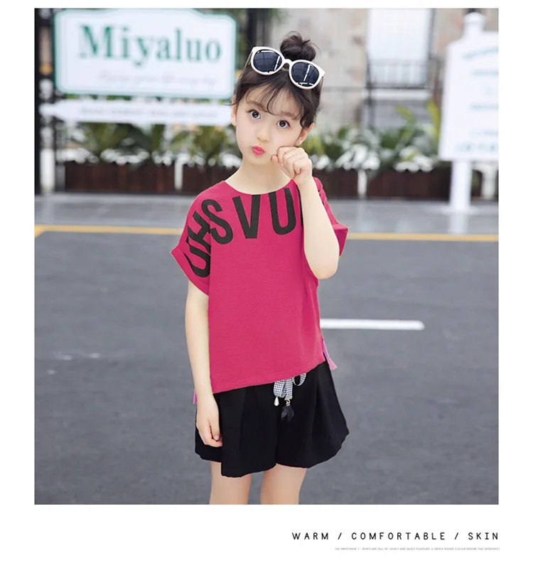 Summer Children Clothing Sets For Girls 2019 Fashion Letter Print Tshirts Tops Shorts Teenage Clothes 2Pcs Kids Suit 10 12 Years (19)
