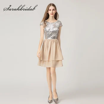 

Contrast Color Mocha Silver Cocktail Dresses Shining Sequin Cap Sleeve Zipper Back Cute Party Dress Short Evening Gowns L3469