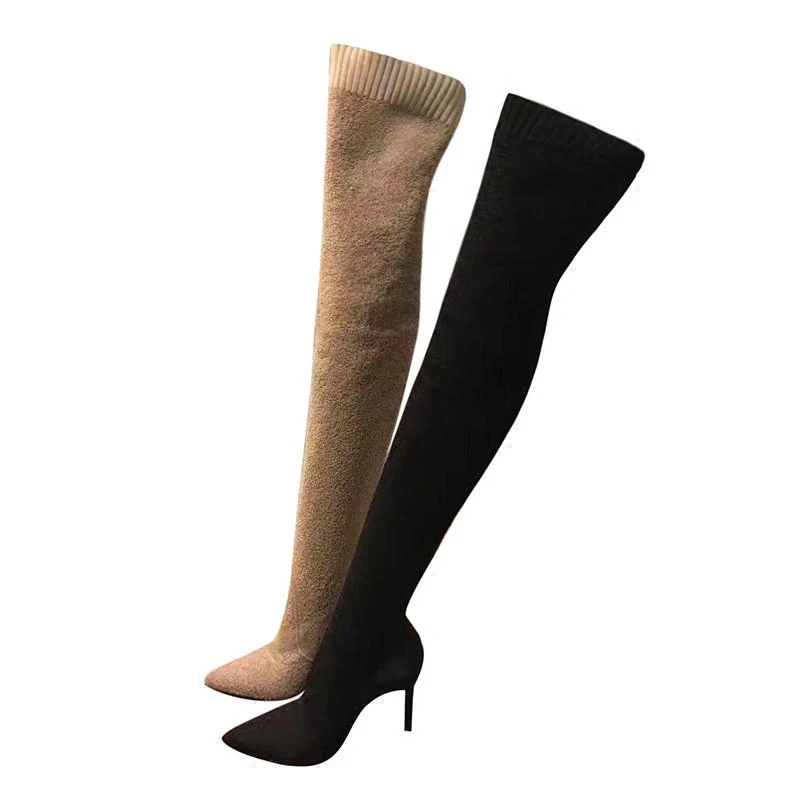 

Moraima Snc 2018 Winter Newest Pointed Toe High Heel Woman Boots Knitted Elastic Over the Knee Boots Black Thigh High Boots