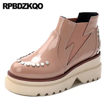 

booties chelsea military rivet wedge high heel women boots winter 2018 stud patent leather luxury shoes pink platform combat
