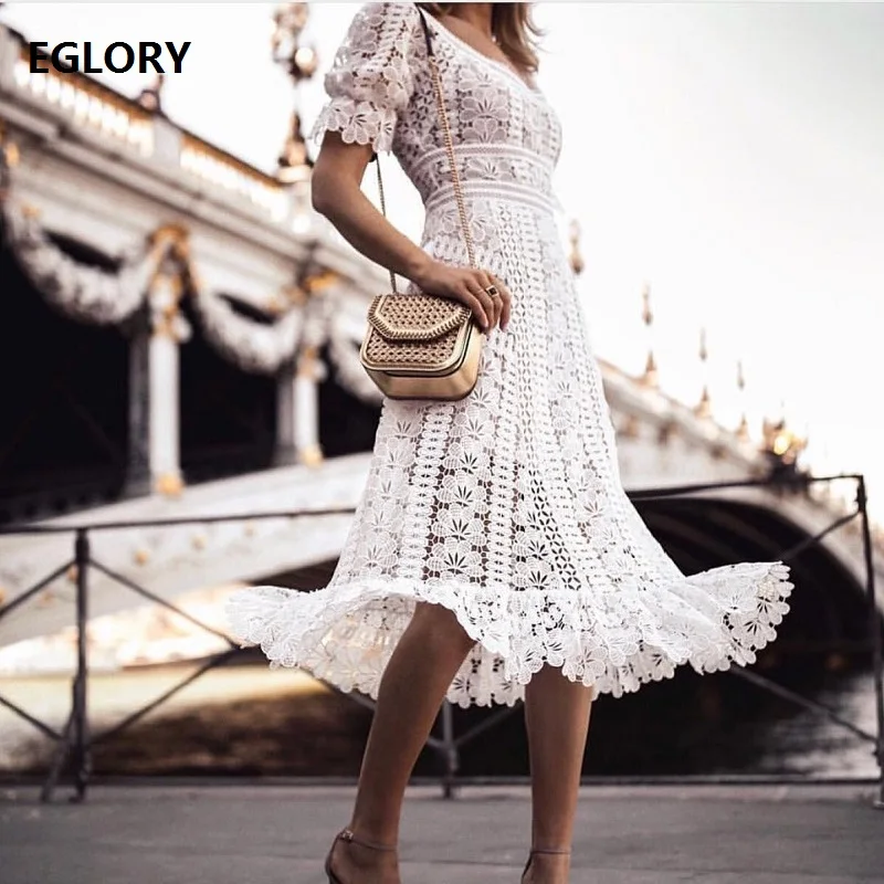 

Top Quality Dress 2019 Spring Summer Fashion Party Lace Dresses Women O-Neck Allover Lace Crochet Dress White Evening Club Dress