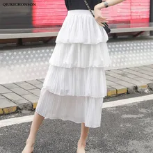 Милые женские ниспадающие юбки с рюшами, плиссированные, весна-лето, женская шифоновая юбка средней длины трапециевидной формы с высокой талией, saia plissada