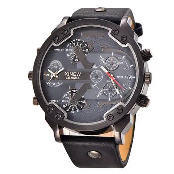 

Brand XINEW Luxury Leather Watches Men 2018 Fashion Wide Strap 2 Time Zone Japan MOVT Date Quartz Watch Relogio Masculino Marca