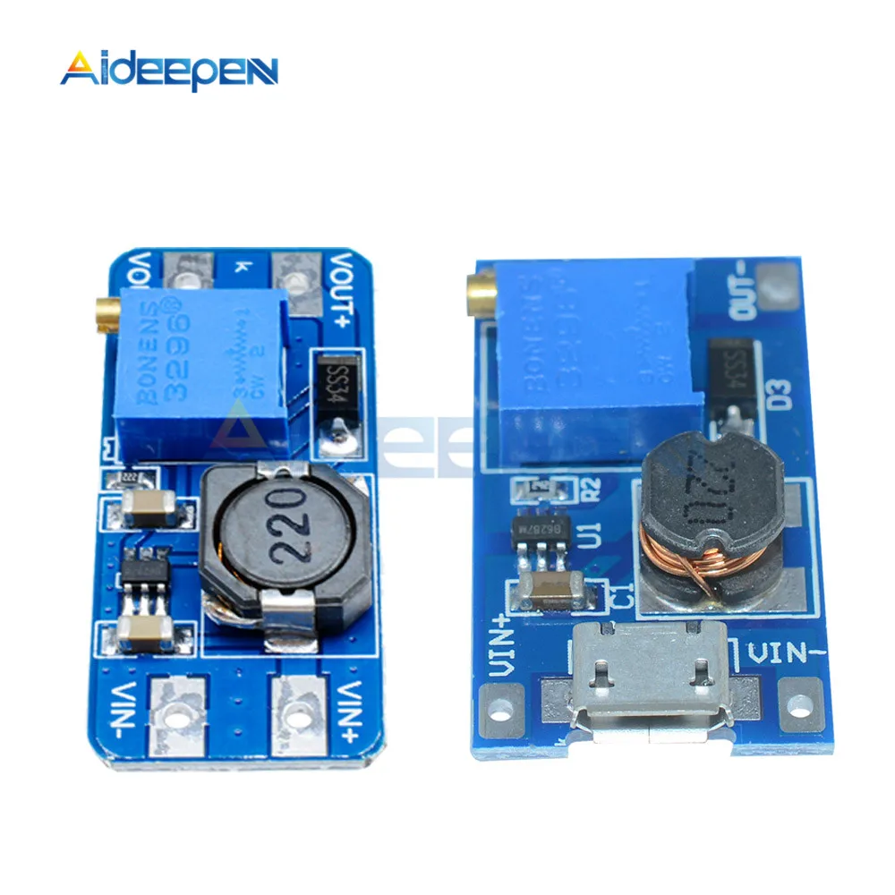 

MT3608 DC-DC Adjustable Boost Module 2A Boost Plate Step Up Module with MICRO USB Power Supply Module 2V-24V to 5V 9V 12V 28V