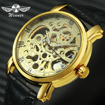 

WINNER Luxury Women Golden Automatic Mechanical Watch Leather Strap Roman Number Skeleton Dial Top Brand Ladies Wristwatch
