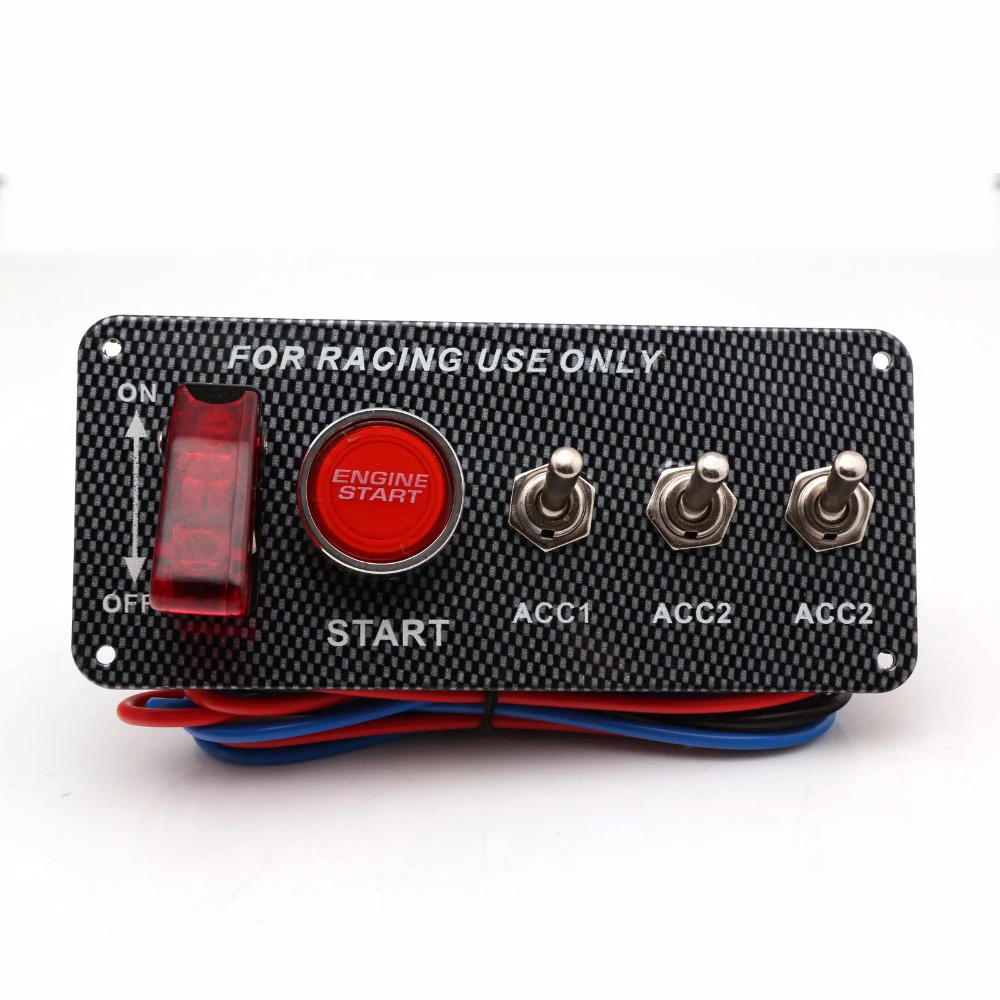 

Racing Ignition Switch Panel 12v LED 3 Toggle Carbon Look Engine Start Push Button