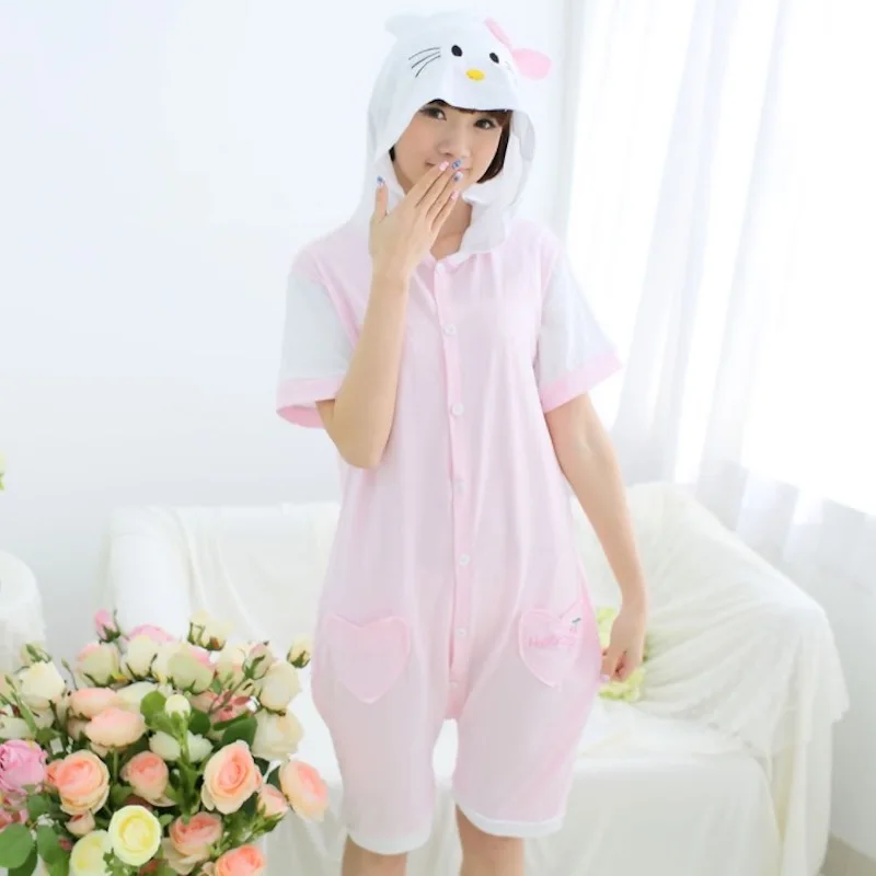 

Cute Hello Kitty Adult Short Sleeve Animal Pajamas Summer Unisex Cat Cosplay Pijamas Cartoon Cotton Onesies men women Pajama