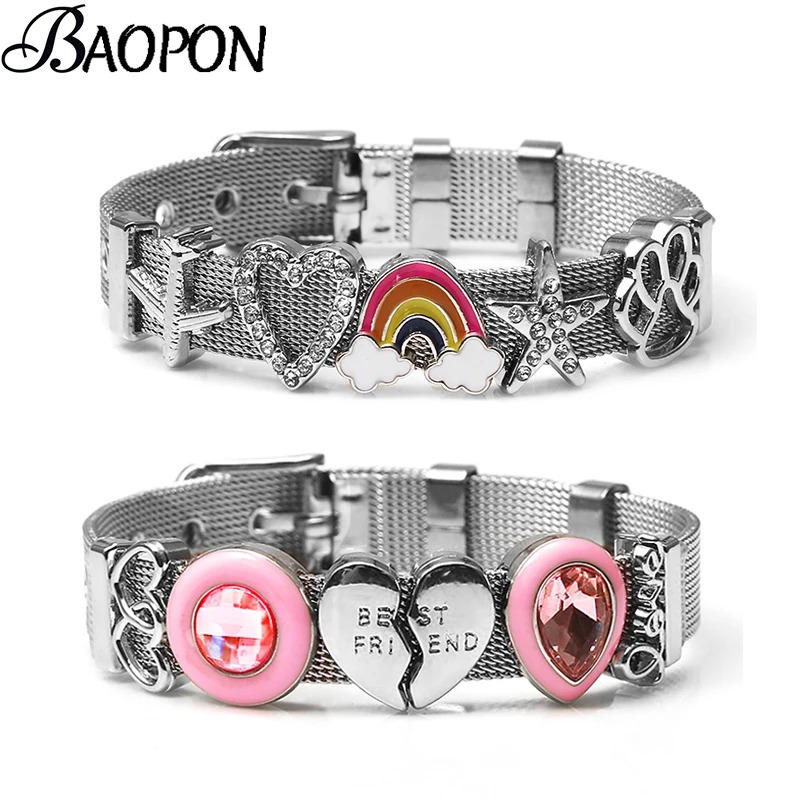 

BAOPON Jewelry Silver Stainless Steel Mesh Bracelet Bangles with Rainbow Unicorn Slide Charms Fine Bracelets For Women Gifts