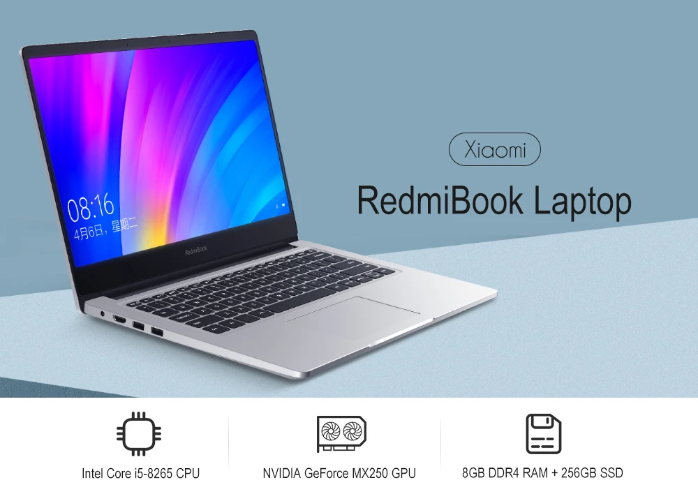 Xiaomi RedmiBook ноутбук с диагональю 14 дюймов ультра-тонкий Win10 Intel Core i5-8265 4 ядра 1,6 ГГц Процессор NVIDIA GeForce MX250 8 Гб 256 Тетрадь