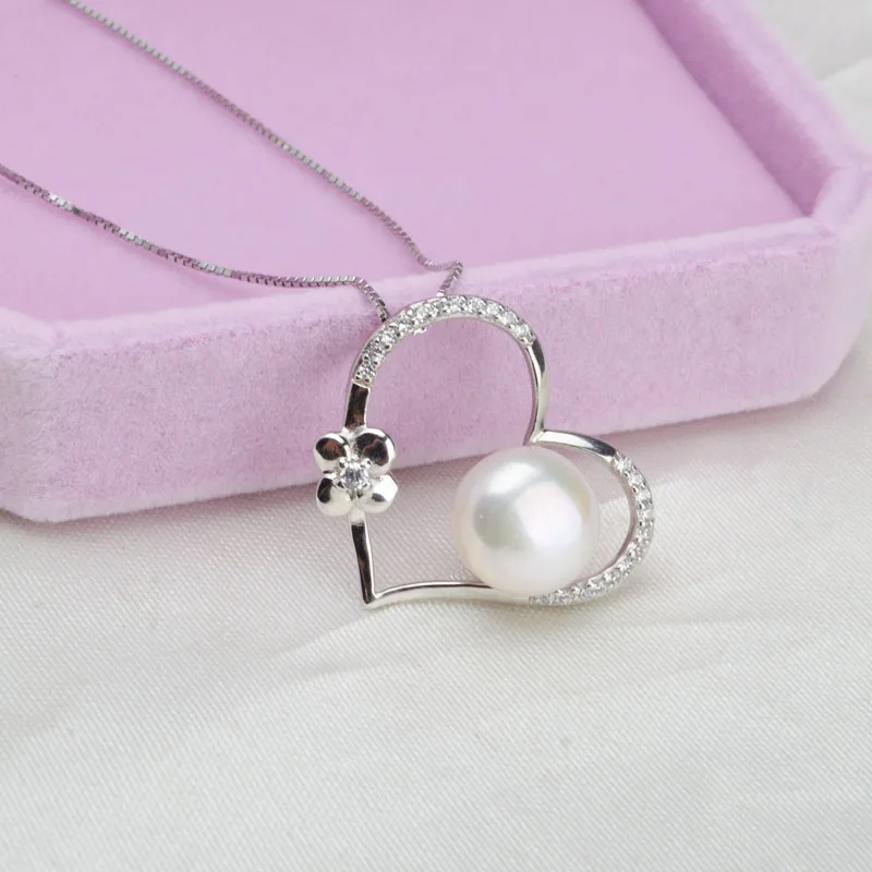 ASHIQI 925 пробы Серебряное ожерелье натуральный пресноводный жемчуг для женщин кулон сердце элегантный подарок ювелирных изделий - Цвет камня: 10mm White pearl