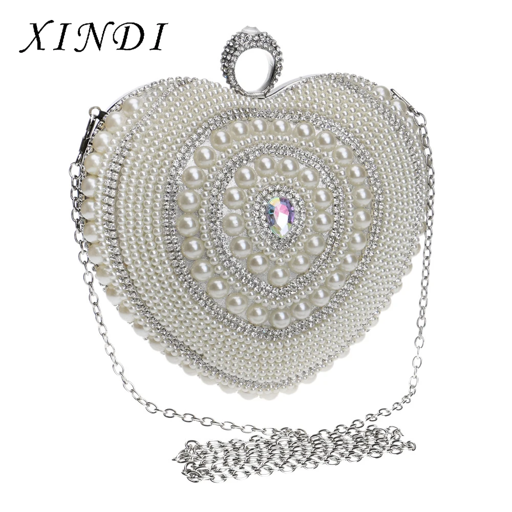 

XINDI finger ring rhinestones wedding handbag heart shaped women evening clutches bags beaded small purse chain shoulder handbag