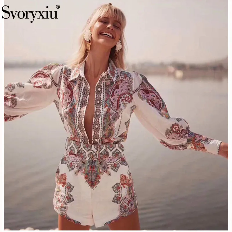 

Svoryxiu Designer Brand Summer Shorts Two Piece Set Women's lantern Sleeve Blouse + Belts Shorts Boho Printed Holiday Two Pieces