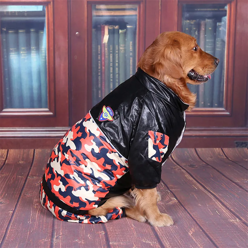 PU sleeve stitching Big dog coat warm Thick Camouflage dog clothes for large dogs dog jumpsuit windbreaker parka para perro - Цвет: orange Camouflage