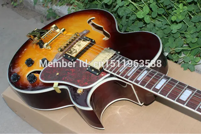 Cheap Wholesale custom shop  jazz hollow body electric guitar honey sunburst f-hole with gold hardware Tremolo system