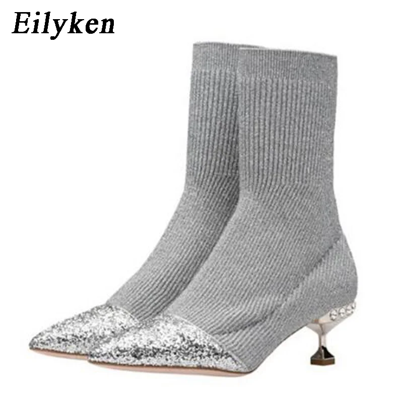 

Eilyken 2019 New Silver Women Winter Warm Boots Pointed Toe High Heels Stretch Fabric Ankle Boots Knit Sock Botas Mujer