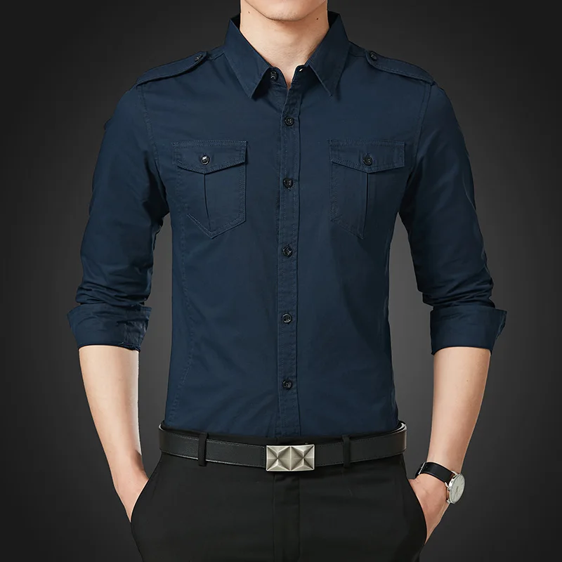 Autumn Men Shirt Long Sleeve Double Pocket Solid Color Man Shirts Slim ...