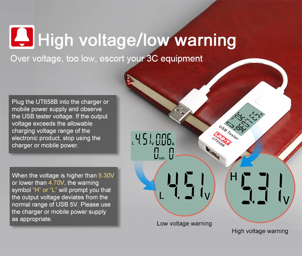 USB тестер UNI-T UT658 UT658B мобильный телефон ноутбук мобильный мощность безопасности монитор 3,0 V-9,0 V/0.0A-3.0A Предупреждение ЖК-дисплей