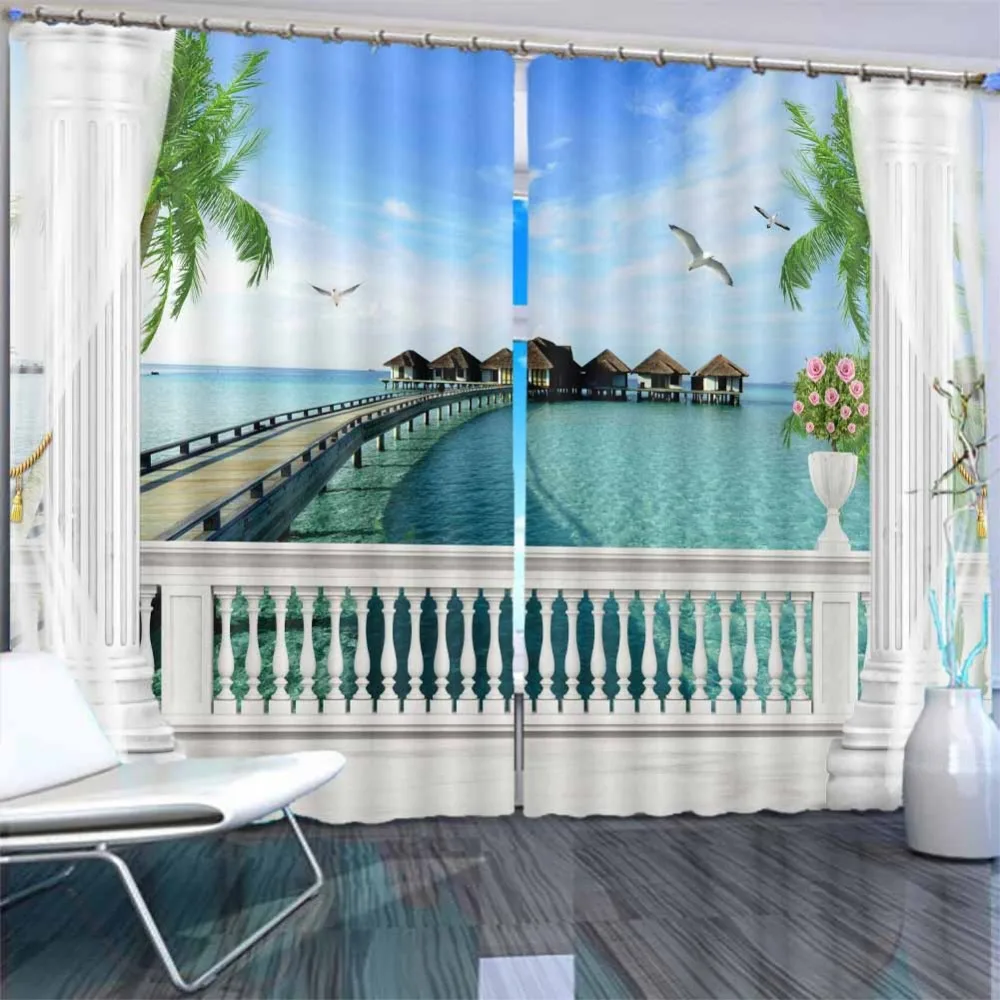 

Maldives outside balcony window 3D Curtains For Bedroom Kids Living Room Drapes Fabric Polyester Set with Hooks