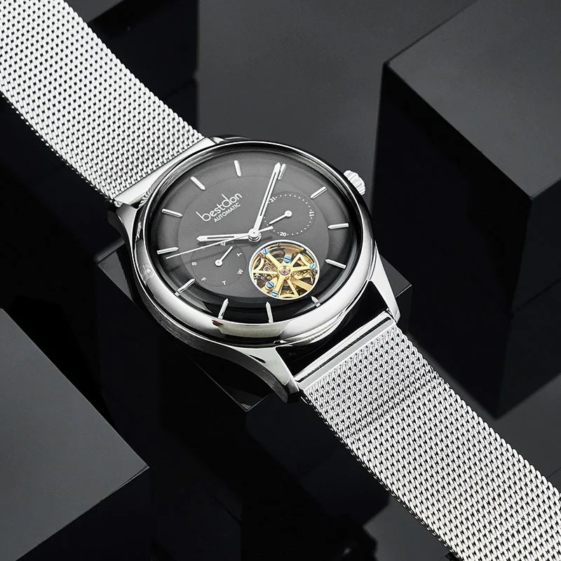 Bestdon изогнутые мужские часы, швейцарские механические часы, модные спортивные часы со скелетом, роскошные брендовые кожаные часы, мужские часы - Цвет: Silver-black-Mesh