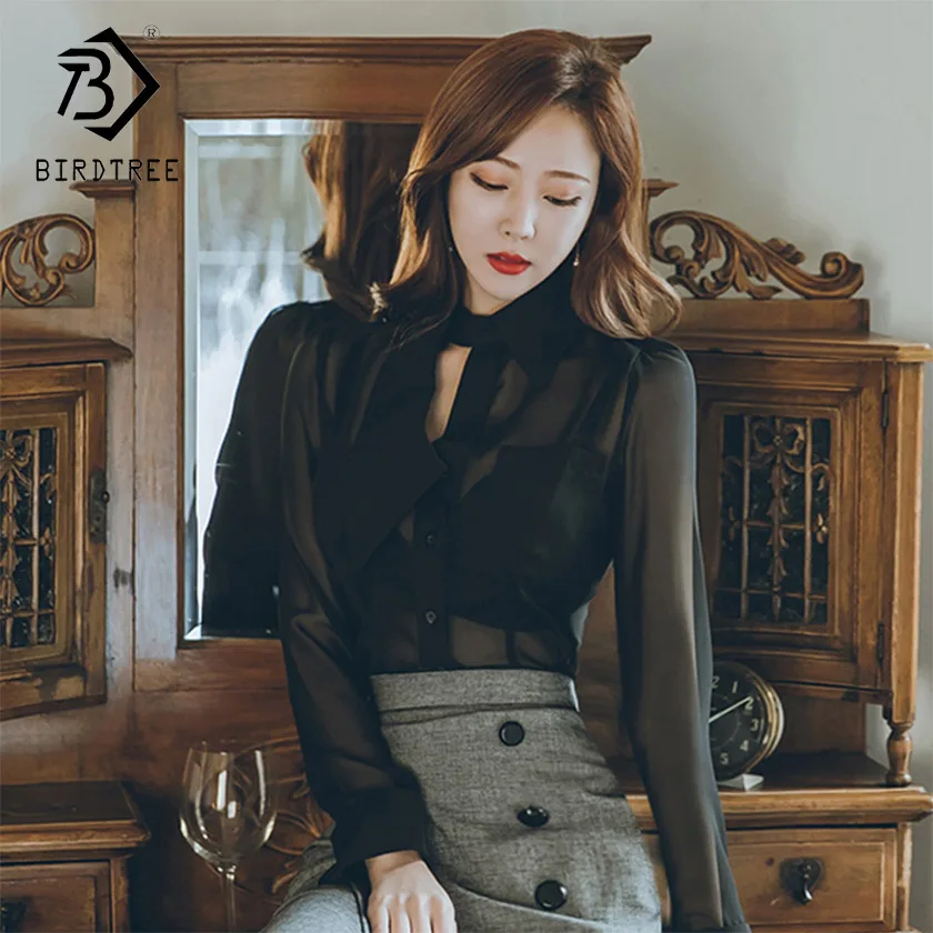 

2019 New Arrival Summer Women's See-Through Turn-Down Tie Long Sleeve Packets Chiffon Blouse Female Elegant Casual Top T93610X