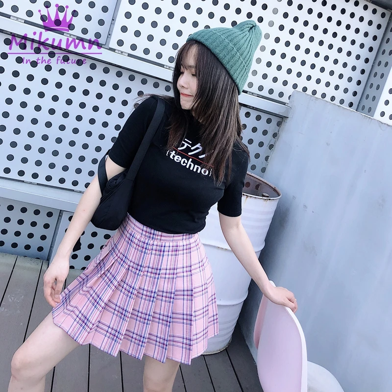

Harajuku Plaid Pleated Skirt 2019 New Spring Summer Women A-line High Waist Preppy Style Kawaii Mini Skirts Girls Short Skirts