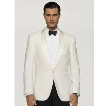 

New Ivory Satin lapel smoking masculino Groom Wedding Suits For Men Groomsmen Tuxedos 2 Pieces Men Suits (Jacket+Pants)