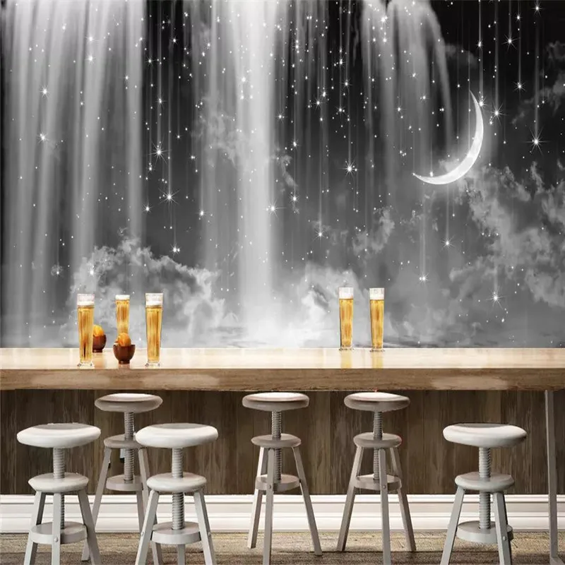 Black and white waterfall starry sky background professional production mural wholesale wallpaper mural poster photo wall Black and white waterfall starry sky background professional production mural wholesale wallpaper mural poster photo wall