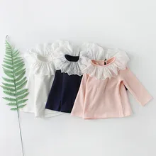 Одежда для младенцев коллекция года, Новые Осенние футболки с длинными рукавами для маленьких детей милая хлопковая Футболка принцессы с кружевным воротником для маленьких девочек футболки для малышей