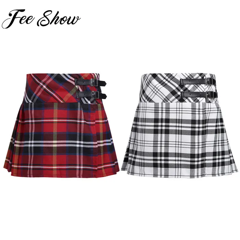 

FEESHOW Kids Girls School Uniform Skirts Side Split Plaid Skirt with Faux Leather Buckle Princess Girl Miniskirt Daily Wear