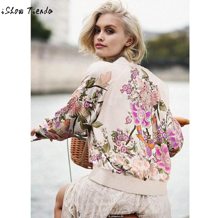 Pink Jacket Women Zipper Flower Print Long Sleeve Short