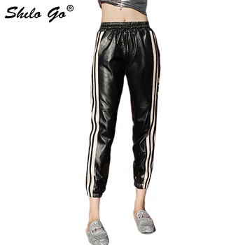 

Streetwear Leather Pants Women Casual Side Line Elastic High Waist Trousers Sheepskin Genuine Leather Harem Pants Female Capris