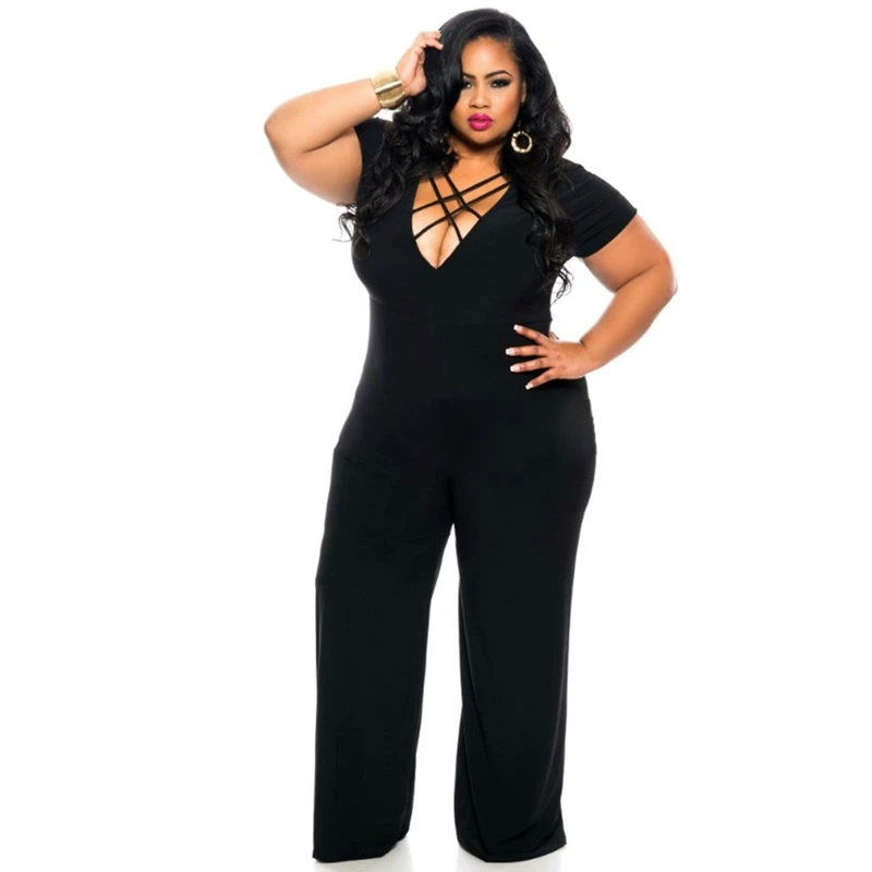 

XXXL Plus Size Sexy Jumpsuits New Summer Women's Rompers Jumpsuit Casual Black Bodysuit Short Sleeve V-Neck Tunic Long Playsuits